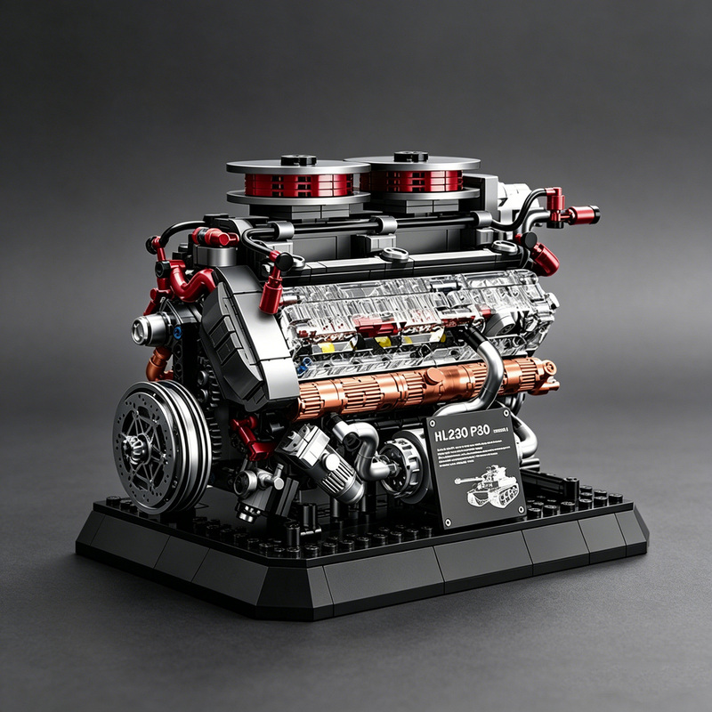 Tiger Tank Engine Mechanical Piston Cylinder Assembly Model Building Blocks V8 Six-Speed Transmission V16 Engine Moc