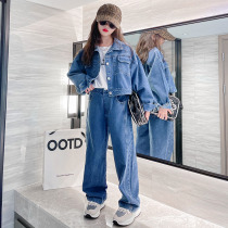 Girl Trendy Denim Suit Autumn Clothing 2022 New Ocean Gas Childrens Clothing Spring Autumn Season Big Child Leisure Two Sets