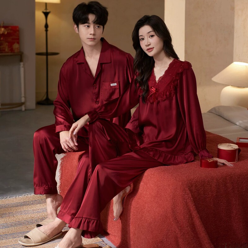 Silk Couple Pajamas, Autumn Thin Style, Women's Long-Sleeve Burgundy Newlywed Wedding Summer Loungewear, Men's Gift Box Set Silk Couple Pajamas, Autumn Thin Style, Women's Long-Sleeve Burgundy Newlywed Wedding Summer Loungewear, Men's Gift Box Set