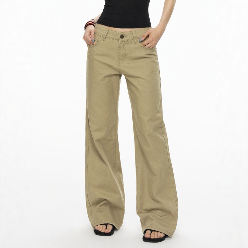 Myfaerie Retro Khaki Flared Jeans for Petite Women, Low-Waisted, Slimming, Non-Tight Flared Pants