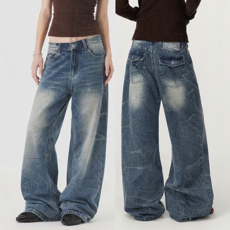 My Faerie Embroidered Logo Series ~ Mid-Low Waist Washed Loose Straight-Leg American Retro Jeans Women's Wide-Leg Pants My Faerie Embroidered Logo Series ~ Mid-Low Waist Washed Loose Straight-Leg American Retro Jeans Women's Wide-Leg Pants