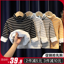 Baby beating undershirt with velvety autumn winter male and female Boy A pure cotton elastic blouse baby half height collar striped undershirt