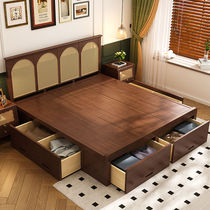 American retro solid wood bed tatami storage bed high box drawer bed master bed double French rattan bed