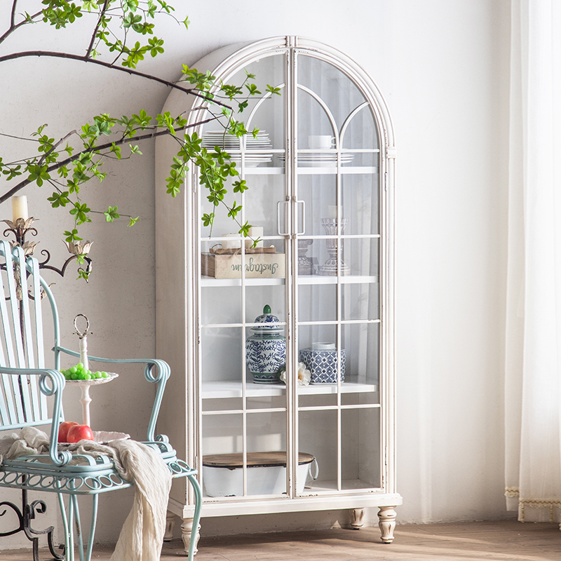 French-Style Arched Bookcase with Glass Cabinet Doors, White Solid Wood Vintage Bookshelf, Wall-Mounted Living Room Storage Display Cabinet, Floor-Standing