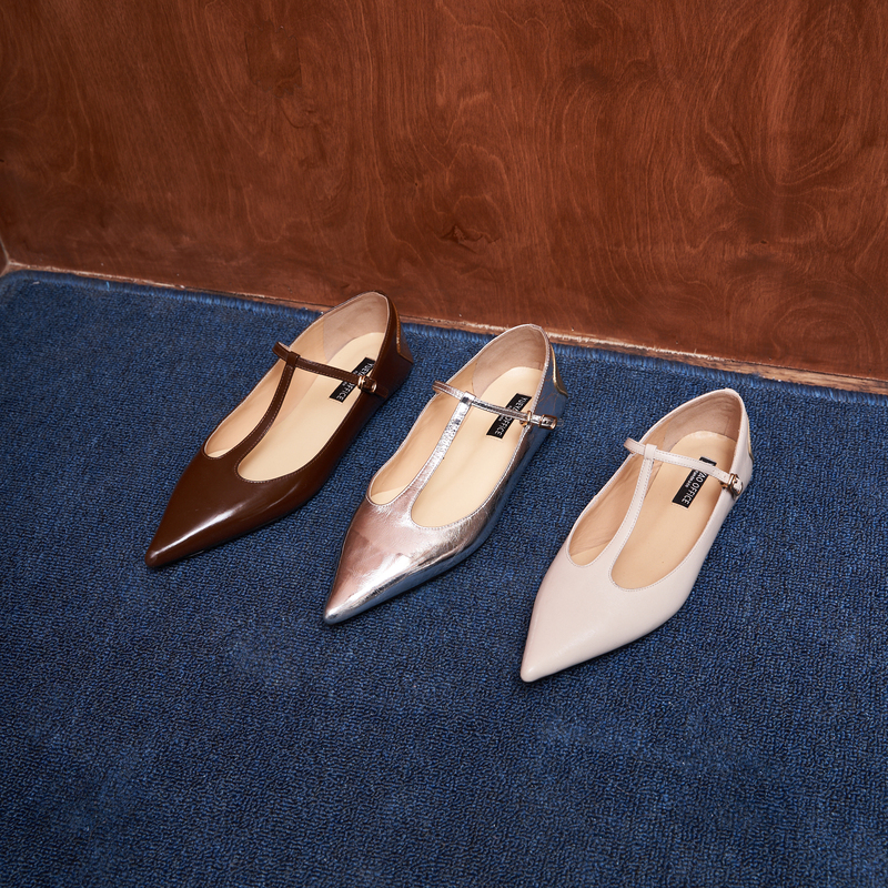 Moon Studio Original Design Handmade Flat Pointed Toe Thin Strap Mary Jane Patchwork Color-Blocked Shoes