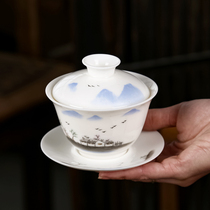 Thin Tire White Porcelain Goat Grease Jade Cover Bowl Large Number Three Talent Tea Bowl Toast Tea Cup Single Tea Preparation Kongfu Tea Pot Tea Leaf Jars