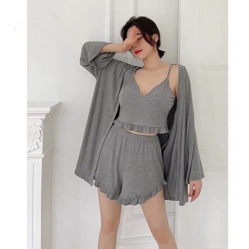 Japanese long sleeve pyjamas woman autumn Modale with chest cushion Three sets of sexy Home Suits Female Outwear Suits