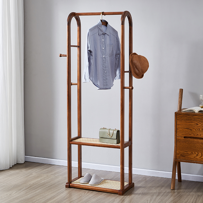 All solid wood hanger floor-to-ceiling bedroom new Chinese style coat rack home living room weaving rattan rack hanging clothes rack