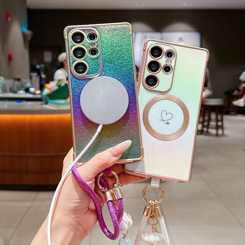 Suitable for Samsung S25Ultra Mobile Phone Case, Electroplated Heart-Shaped S24Plus Gradient Protective Case, S23Fe Full-Cover Anti-Drop S22+ Magnetic Ring, S21Ultra Cloud Gold Wire Hand Strap Hanging Chain Shell