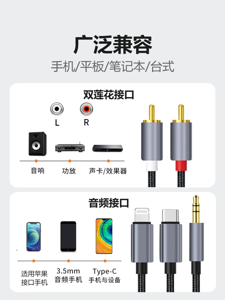 Suitable for Mobile Phone Connection Cable Three-In-One Lotus Head 2Rca Converter Speaker Audio Amplifier Sound Card Effector Adapter Apple 3.5mm Android Universal Huawei Type C Audio Cable