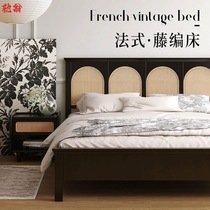 o2p rattan bed French retro bed black American solid wood bed modern minimalist master bedroom king bed double bed