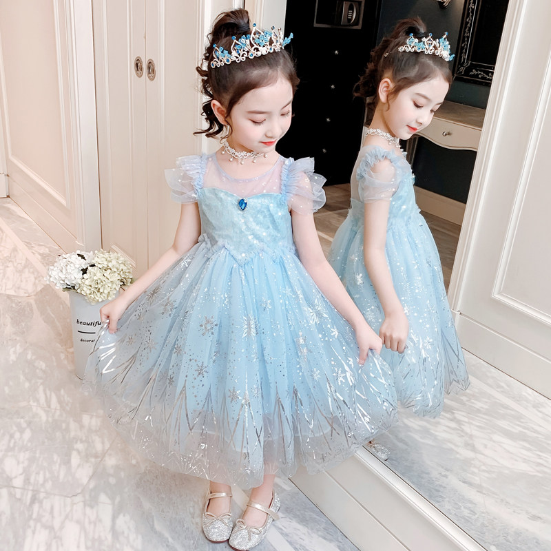 Summer Blue Esha Princess Dresses Summer Girls Dress Summer 2022 New Children Foreign Pie Girl Summer Dress