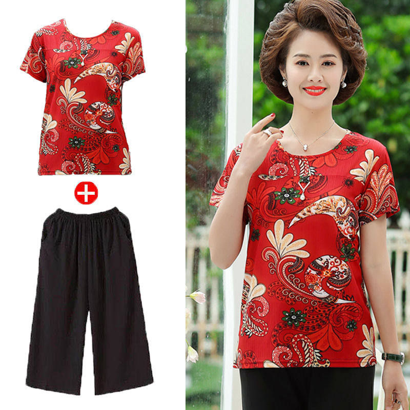 Middle-aged and elderly women's clothing moms 2020 new summer T-shirts suit Two sets of short sleeves loose older blouses