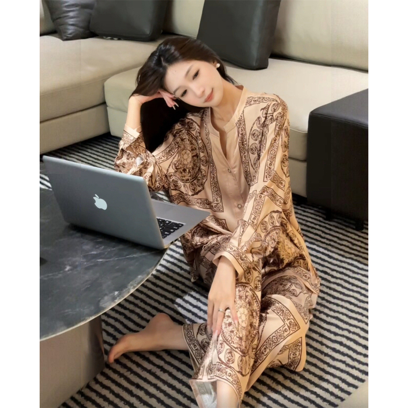 Korsz Old Money Style Silk Pajamas for Women, Spring and Autumn Long-Sleeved Cardigan Set, Summer High-End Feel, Can Be Worn Outside, Loungewear