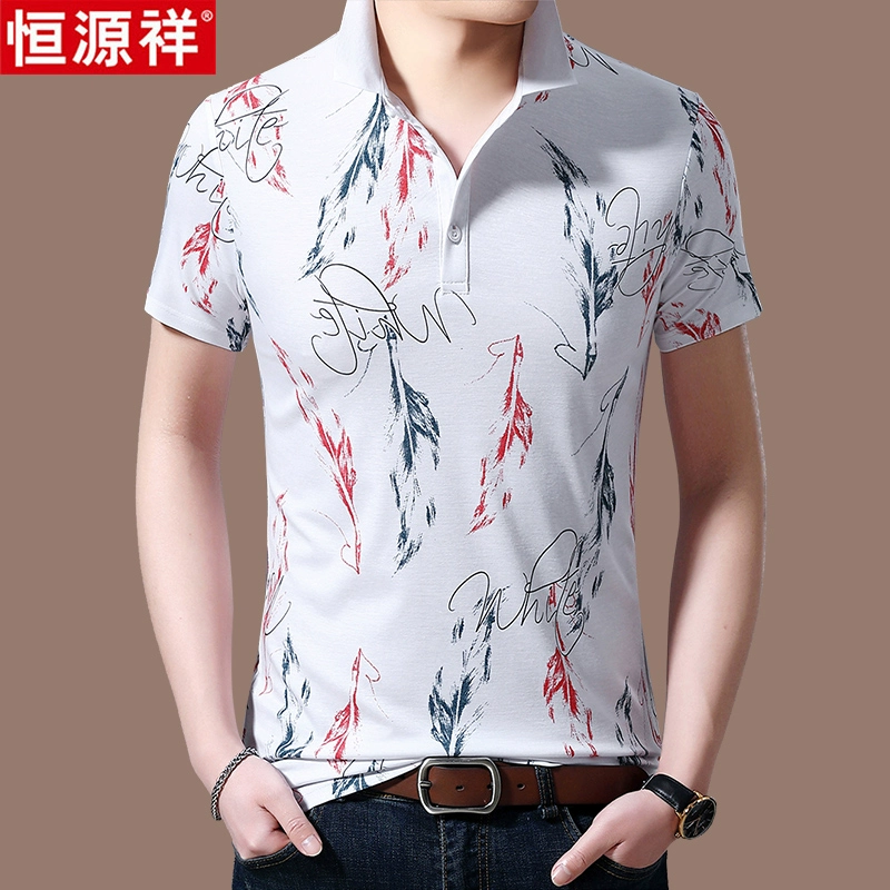 Hengyuanxiang Thanh niên Mulberry Silk Polo Áo sơ mi nam ngắn tay Xu hướng in ấn Áo thun nam Lapel Ice Silk Nửa tay áo Quần áo nam - Polo