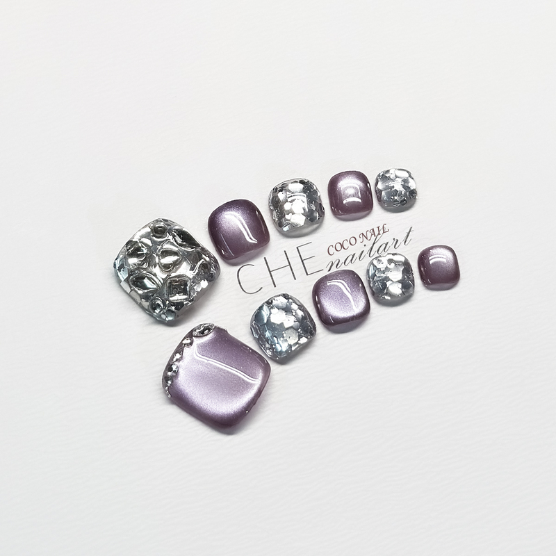 2026 New Handmade Toe Nail Art Wearable Nails Smoky Purple Cat Eye Glitter Toe Nails High-End Whitening Effect 648