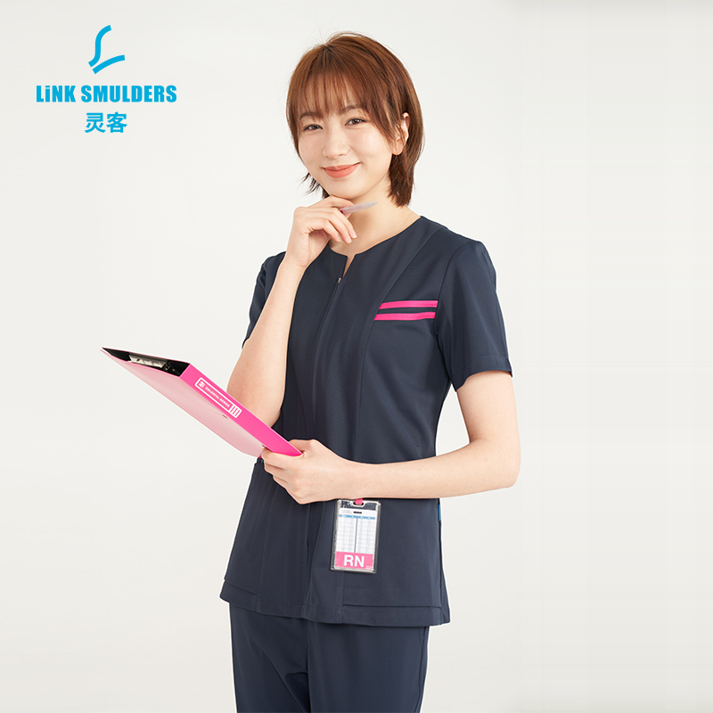 Lingke Summer Short-Sleeved Doctor Uniform Women's Round Neck Zipper Cardigan Breathable Top Pants Suit Beauty Salon Work Clothes