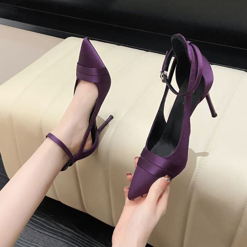 Purple Satin One-Strap Stiletto High Heels for Women, Summer Open-Toe Sandals with a Sophisticated Feel, Suitable for Pairing with Dresses, Hollow Single Shoes