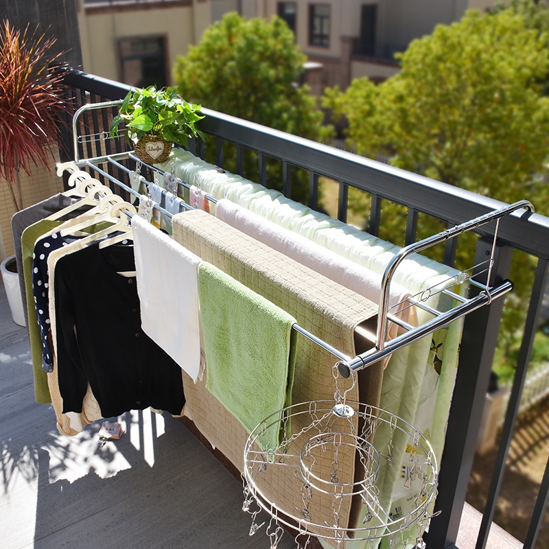 Large balcony outside drying rack drying quilt outside the window telescopic folding anti-theft net clothes drying outdoor bay window bath towel rack
