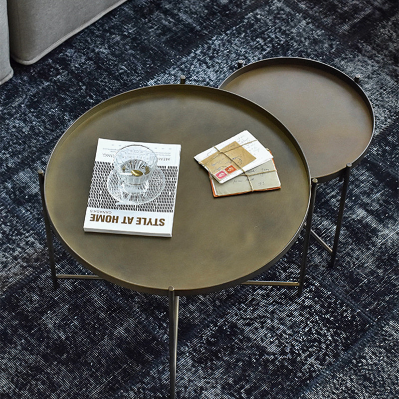 AMOJIA round coffee table combination small apartment living room sofa side table retro style old wrought iron industrial round table