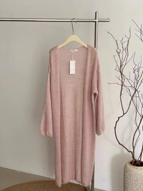 Early Spring Solid Color Mohair Puff Sleeve Shawl Knit Cardigan for Women, Loose and Lazy Style, Long Sweater Coat, Thin Style