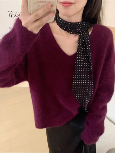 High-End Orange Soft V-Neck Pullover Knit Sweater for Women, Autumn and Winter Lazy Style Raccoon Fur Sweater, Thickened Top