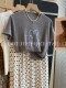 French-Style Gray Floral Ice Silk Regular Shoulder Knit Short-Sleeve T-Shirt for Women, Summer Round Neck with Unique Design, Versatile Top