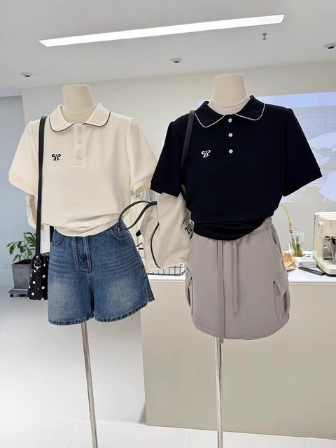 French-Style High-End Bow Embroidery Elegant Polo Collar Short-Sleeved T-Shirt for Women, Summer Half-Sleeve Turn-Down Collar Top