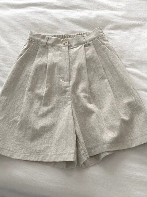 Japanese Retro Cotton and Linen Wide-Leg Shorts for Women, Summer Thin High-Waisted Linen Straight Pants, Petite Five-Point Pants