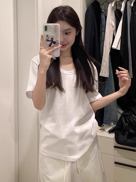 Korean Style White U-Neck Regular Shoulder Short-Sleeve T-Shirt for Women, Summer Basic Style, Pure Cotton, Large Neckline, Loose-Fitting Base Shirt Top