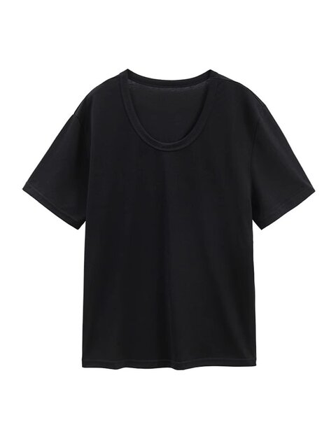 Korean Style White U-Neck Regular Shoulder Short-Sleeve T-Shirt for Women, Summer Basic Style, Pure Cotton, Large Neckline, Loose-Fitting Base Shirt Top