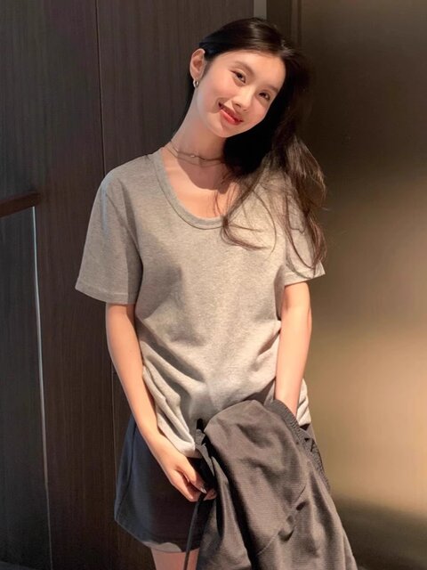 Korean Style White U-Neck Regular Shoulder Short-Sleeve T-Shirt for Women, Summer Basic Style, Pure Cotton, Large Neckline, Loose-Fitting Base Shirt Top