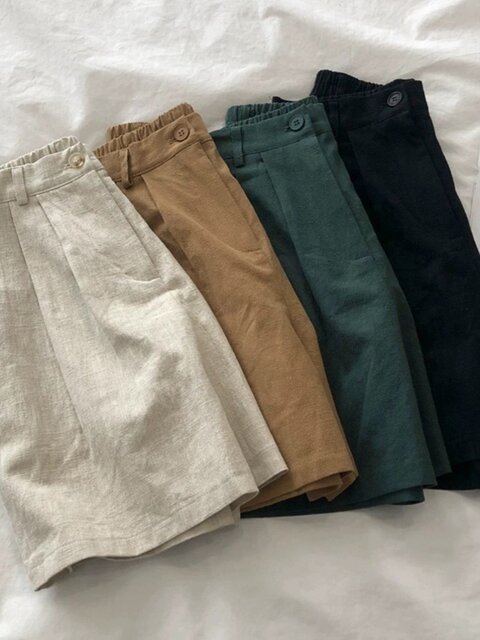 Japanese Retro Cotton and Linen Wide-Leg Shorts for Women, Summer Thin High-Waisted Linen Straight Pants, Petite Five-Point Pants