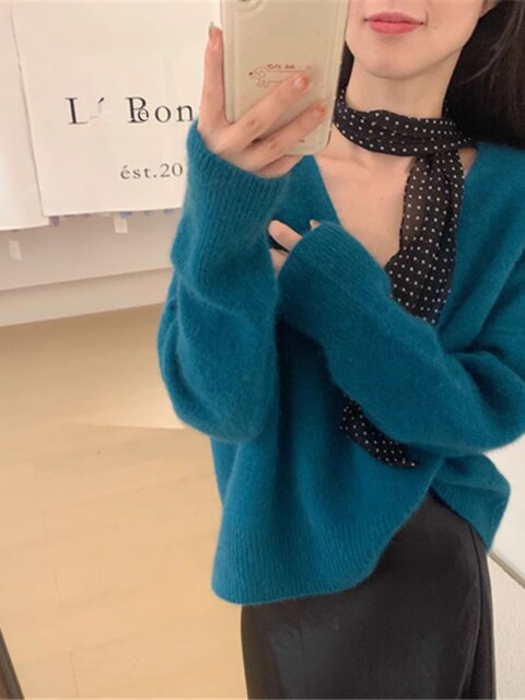 High-End Orange Soft V-Neck Pullover Knit Sweater for Women, Autumn and Winter Lazy Style Raccoon Fur Sweater, Thickened Top