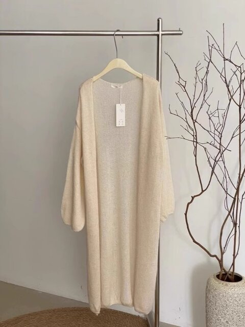 Early Spring Solid Color Mohair Puff Sleeve Shawl Knit Cardigan for Women, Loose and Lazy Style, Long Sweater Coat, Thin Style