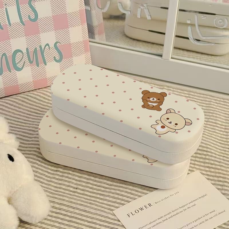 Polka Dot Cartoon Bear Glasses Case, High-End Glasses Storage Box, Portable Myopia Pu Leather Sunglasses Oval Shape Polka Dot Cartoon Bear Glasses Case, High-End Glasses Storage Box, Portable Myopia Pu Leather Sunglasses Oval Shape