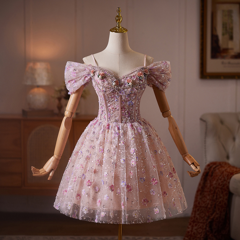 Pink One-Shoulder Puff Sleeve Floral Embroidered Evening Dress for Women, Banquet Princess Style, High-End Performance Birthday Dress