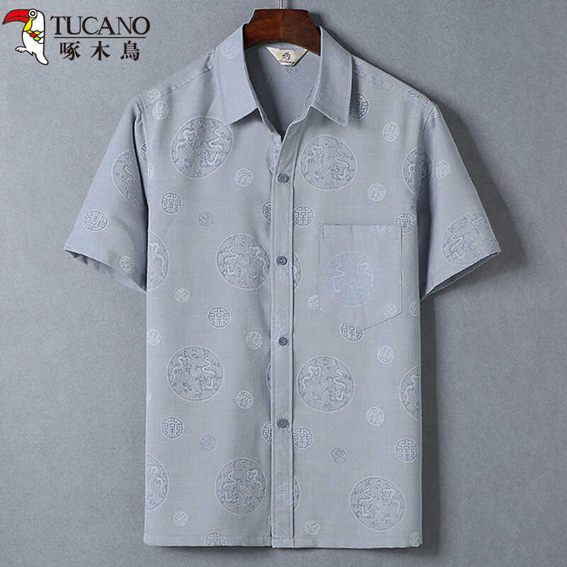 Woodpecker Summer Thin Cotton and Linen Short-Sleeved Shirt for Men, Middle-Aged and Elderly, Loose Casual Chinese-Style Shirt