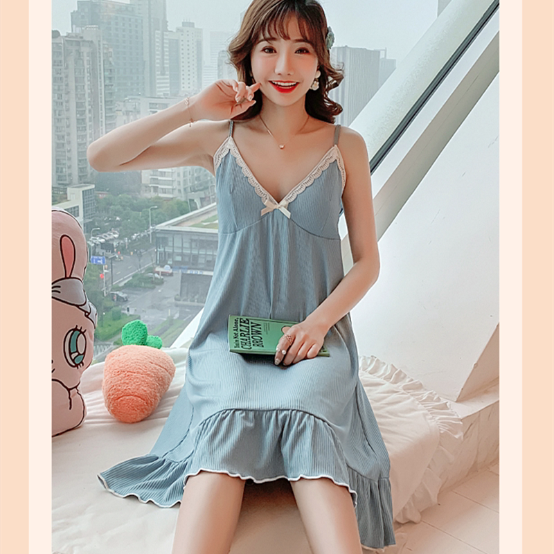 SADO YINER cotton large size suspender pajamas women's summer thin section with chest pad solid color lace princess style nightdress