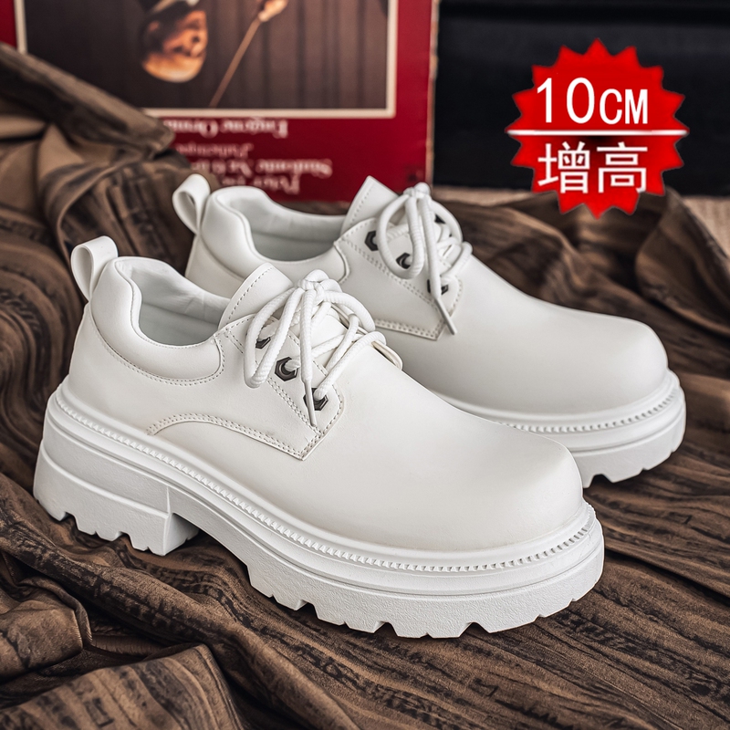 Trendy White Leather Shoes, Wasteland Style Derby Shoes for Men, Thick-Soled Height-Increasing Shoes, 10cm Round-Toe Shoes, British Style Trendy White Leather Shoes, Wasteland Style Derby Shoes for Men, Thick-Soled Height-Increasing Shoes, 10cm Round-Toe Shoes, British Style