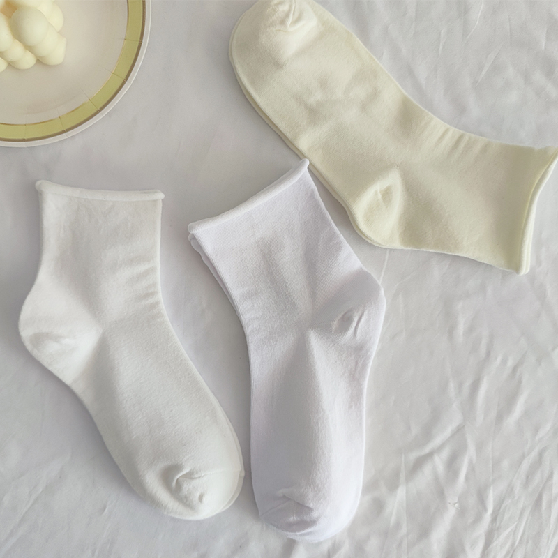 White Socks for Women, Summer Thin Style, Pure Cotton, Rolled Edge, Loose Opening, 2026 New Mid-Tube ins Trendy Japanese Style Black Short Socks