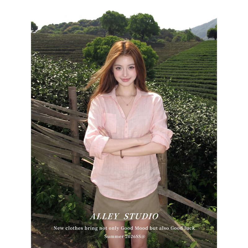 Very Pretty Pink Half-Buttoned Sun Protection Shirt for Women, Old Money Style, Fashionable Design, Bamboo Fiber, Thin Summer Cover-Up