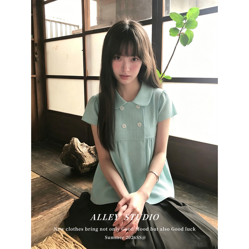 Summer Is a Great Time to Wear This Sweet and Lazy Style Mint Green Doll Collar Double-Breasted Striped Shirt for Women, Which Makes You Look Slim and Artistic Summer Is a Great Time to Wear This Sweet and Lazy Style Mint Green Doll Collar Double-Breasted Striped Shirt for Women, Which Makes You Look Slim and Artistic