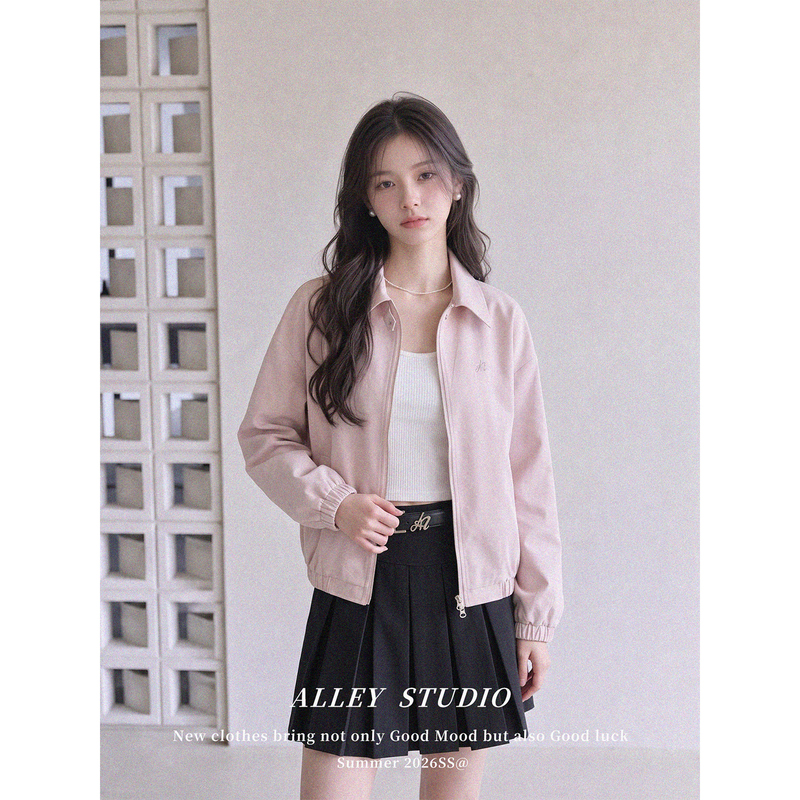 Korean-Style Pink Lapel Jacket for Women, Early Autumn, Slimming, Versatile, Loose, Casual, Short, Long-Sleeved, Zip-Up Top