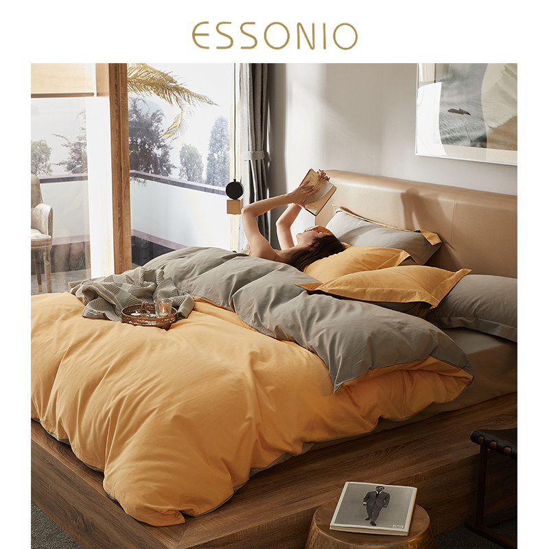 ESSONIO Nordic style simple four-piece set of cotton pure cotton brushed thick quilt cover sheets high-end bedding