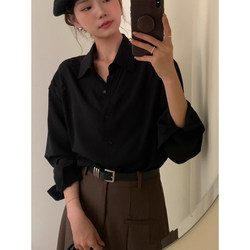 Korean Style Versatile Black Long-Sleeved Shirt for Women in Early Autumn and Winter, Loose Casual Layered Base Shirt, Solid Color Top