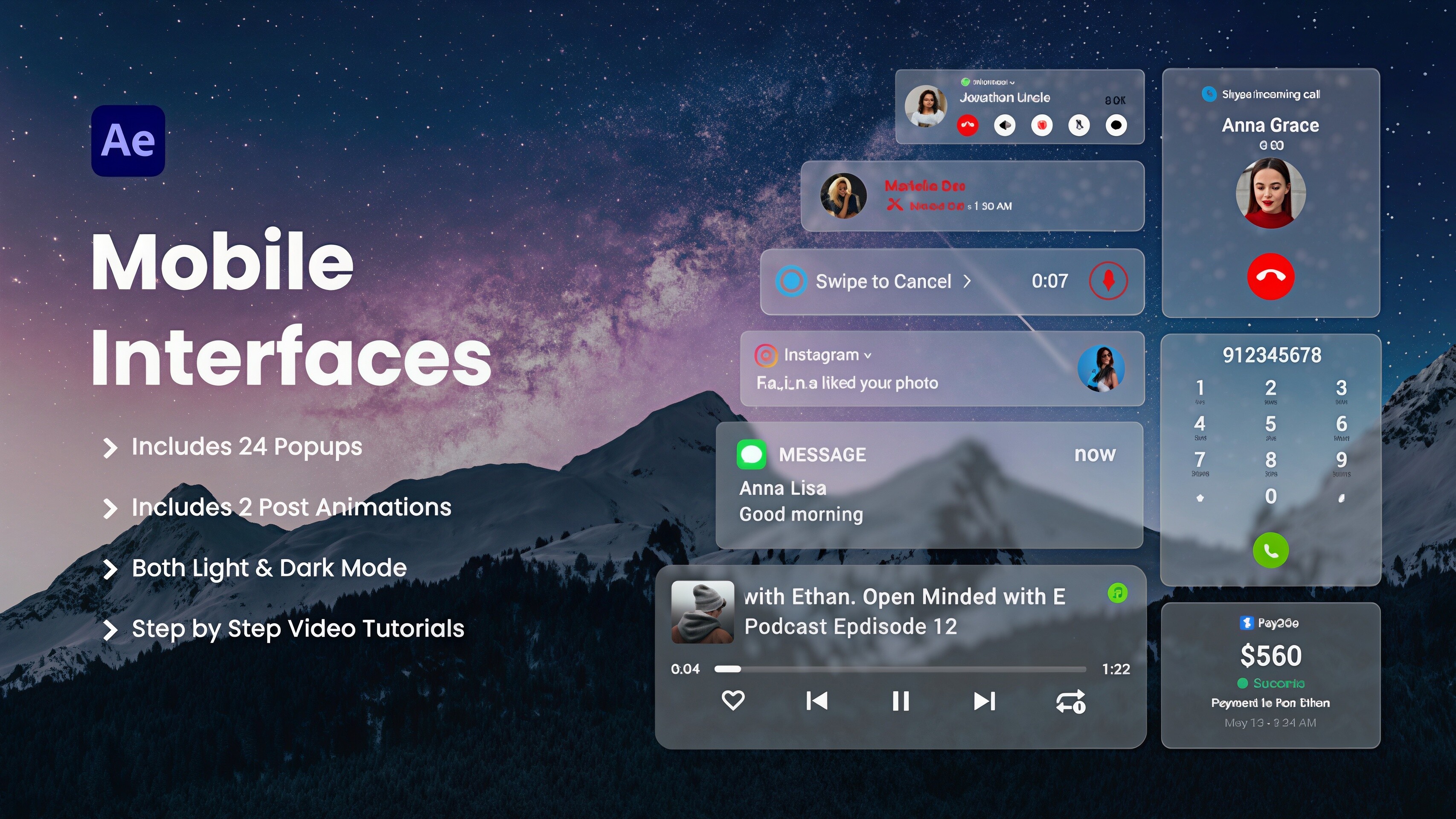 AE/PR模板 手機UI用戶介面元素彈窗控制項動畫