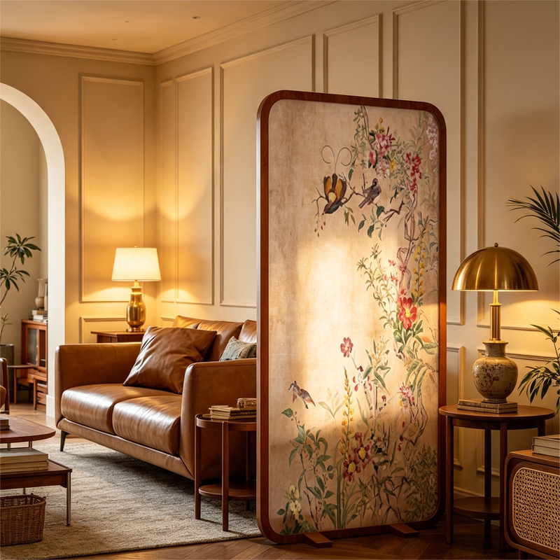 Vintage-Style Retro Floral and Bird Painting Solid Wood Screen for Living Room Partition, Movable Floor-Standing Decorative Screen Vintage-Style Retro Floral and Bird Painting Solid Wood Screen for Living Room Partition, Movable Floor-Standing Decorative Screen
