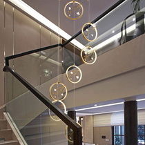 Modern Chinese zen staircase long chandelier Bedroom headboard All copper villa rotating duplex floor hollow loft lamp