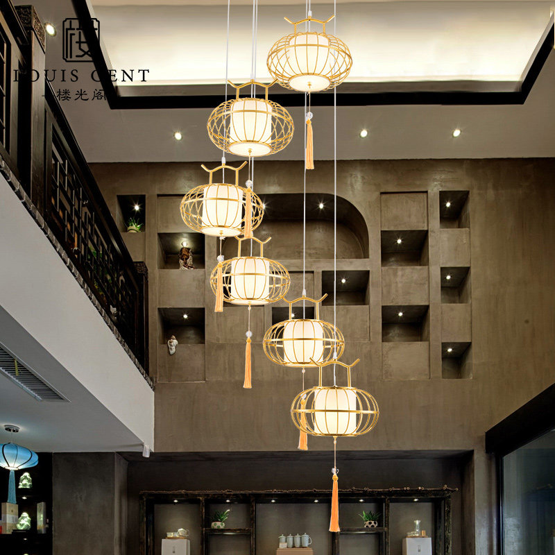 New Chinese Stairway Pendant Lamp Duplex room Villa Swivel Chinese Lantern Living Room Hollow Loft Creative long hanging lamp